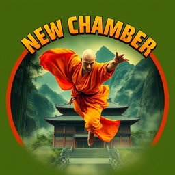 An electrifying movie poster for the martial arts film 'New Chamber', featuring a skilled Shaolin monk in a fierce fighting pose
