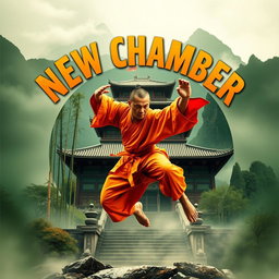 An electrifying movie poster for the martial arts film 'New Chamber', featuring a skilled Shaolin monk in a fierce fighting pose