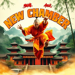 An electrifying movie poster for the martial arts film 'New Chamber', featuring a skilled Shaolin monk in a fierce fighting pose