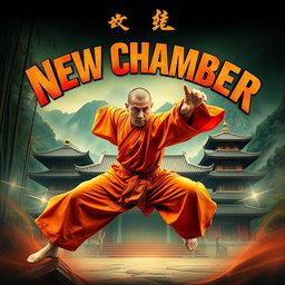 An electrifying movie poster for the martial arts film 'New Chamber', featuring a skilled Shaolin monk in a fierce fighting pose