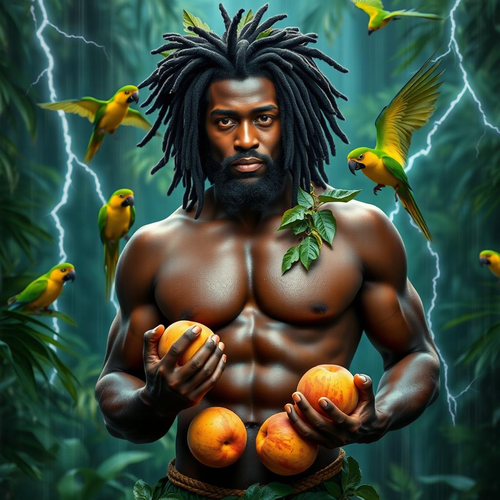 A sexy, oiled-up Greek god depicted as a dark-skinned black man with majestic dreadlock rasta hair