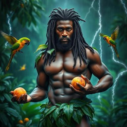 A sexy, oiled-up Greek god depicted as a dark-skinned black man with majestic dreadlock rasta hair