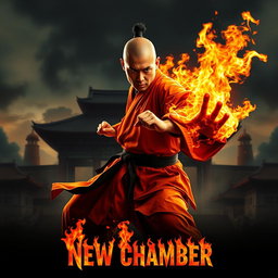 An intense movie poster for the martial arts film 'New Chamber', featuring a fierce Shaolin monk on fire, symbolizing his unstoppable spirit and power