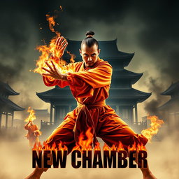 An intense movie poster for the martial arts film 'New Chamber', featuring a fierce Shaolin monk on fire, symbolizing his unstoppable spirit and power