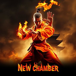 An intense movie poster for the martial arts film 'New Chamber', featuring a fierce Shaolin monk on fire, symbolizing his unstoppable spirit and power