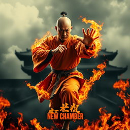 An intense movie poster for the martial arts film 'New Chamber', featuring a fierce Shaolin monk on fire, symbolizing his unstoppable spirit and power