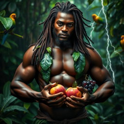 A sexy, oiled-up Greek god represented as a dark-skinned black man with flowing dreadlock rasta hair