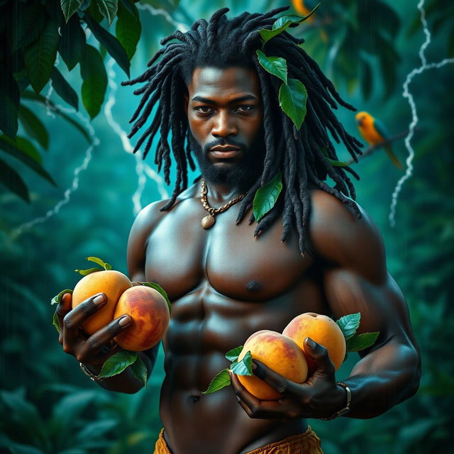 A sexy, oiled-up Greek god represented as a dark-skinned black man with flowing dreadlock rasta hair