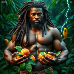 A sexy, oiled-up Greek god represented as a dark-skinned black man with flowing dreadlock rasta hair