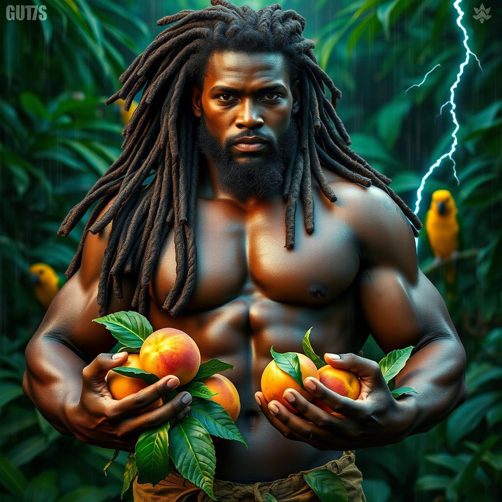A sexy, oiled-up Greek god represented as a dark-skinned black man with flowing dreadlock rasta hair