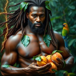 A sexy, oiled-up Greek god represented as a dark-skinned black man with flowing dreadlock rasta hair