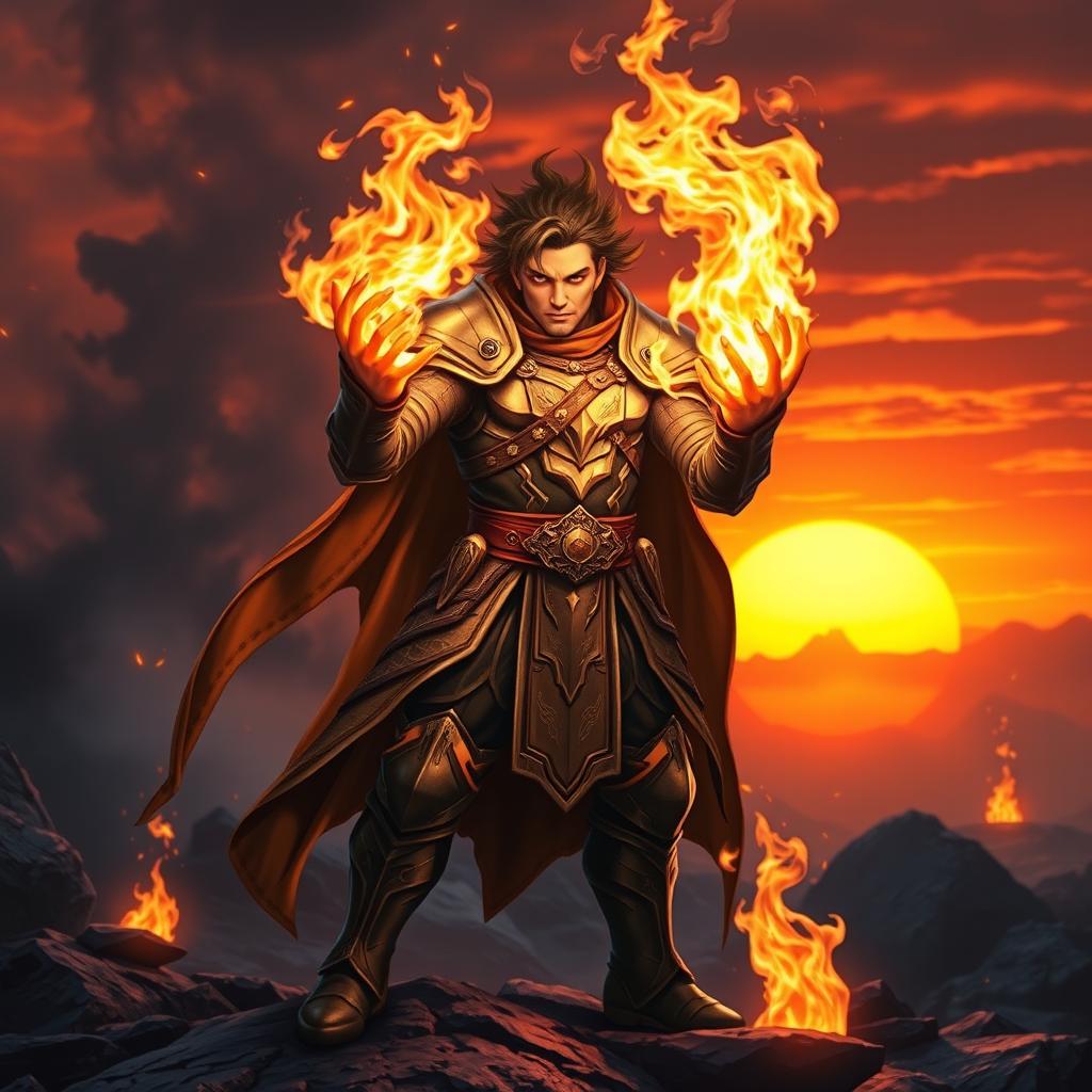 A dynamic hero in a dramatic pose, showcasing their incredible fire skills