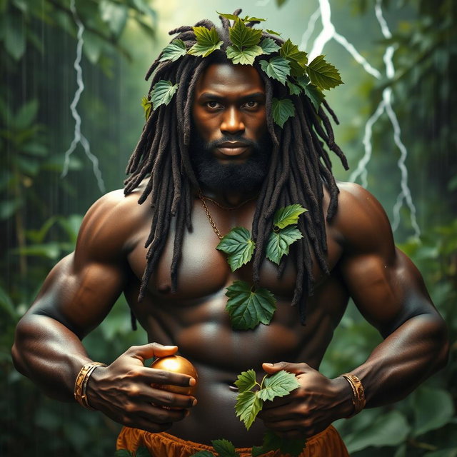 A sexy, oiled-up Greek god depicted as a dark-skinned black man with stunning dreadlock rasta hair
