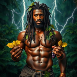 A sexy, oiled-up Greek god depicted as a dark-skinned black man with stunning dreadlock rasta hair