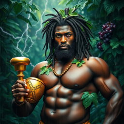 A sexy, oiled-up Greek god depicted as a dark-skinned black man with stunning dreadlock rasta hair