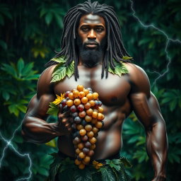 A sexy, oiled-up Greek macro god portrayed as a dark-skinned black man with striking dreadlock rasta hair