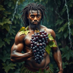 A sexy, oiled-up Greek macro god portrayed as a dark-skinned black man with striking dreadlock rasta hair