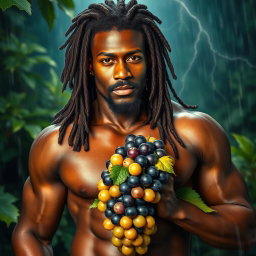 A sexy, oiled-up Greek macro god portrayed as a dark-skinned black man with striking dreadlock rasta hair