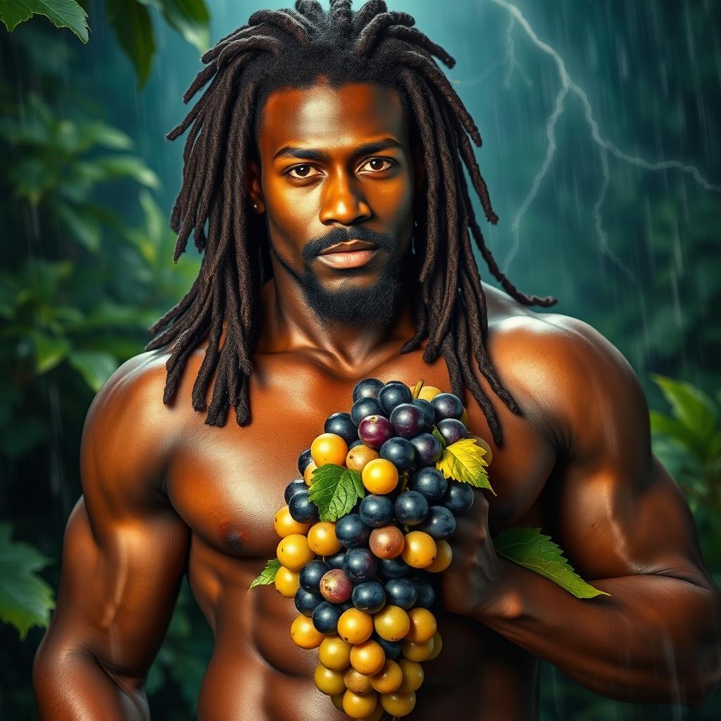 A sexy, oiled-up Greek macro god portrayed as a dark-skinned black man with striking dreadlock rasta hair