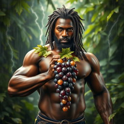 A sexy, oiled-up Greek macro god portrayed as a dark-skinned black man with striking dreadlock rasta hair