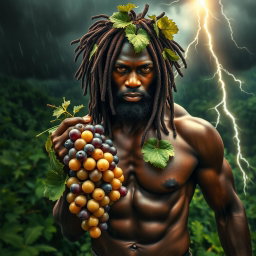 An immersive, oiled-up Greek-Jamaican god depicted from an extremely close aerial view