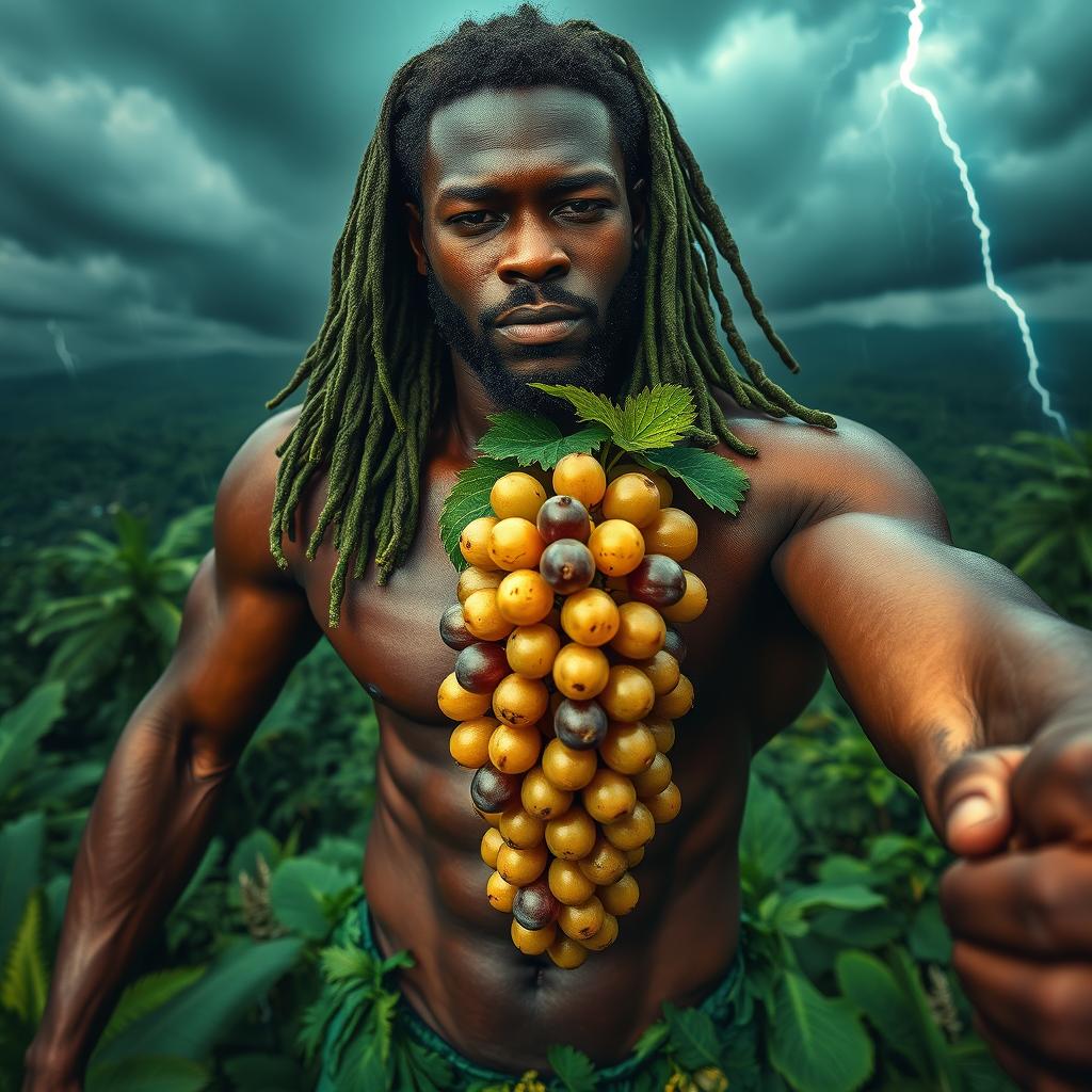 An exceptionally sexy, immersive scene featuring a polished, oiled-up Greek-Jamaican god from an extremely close aerial view