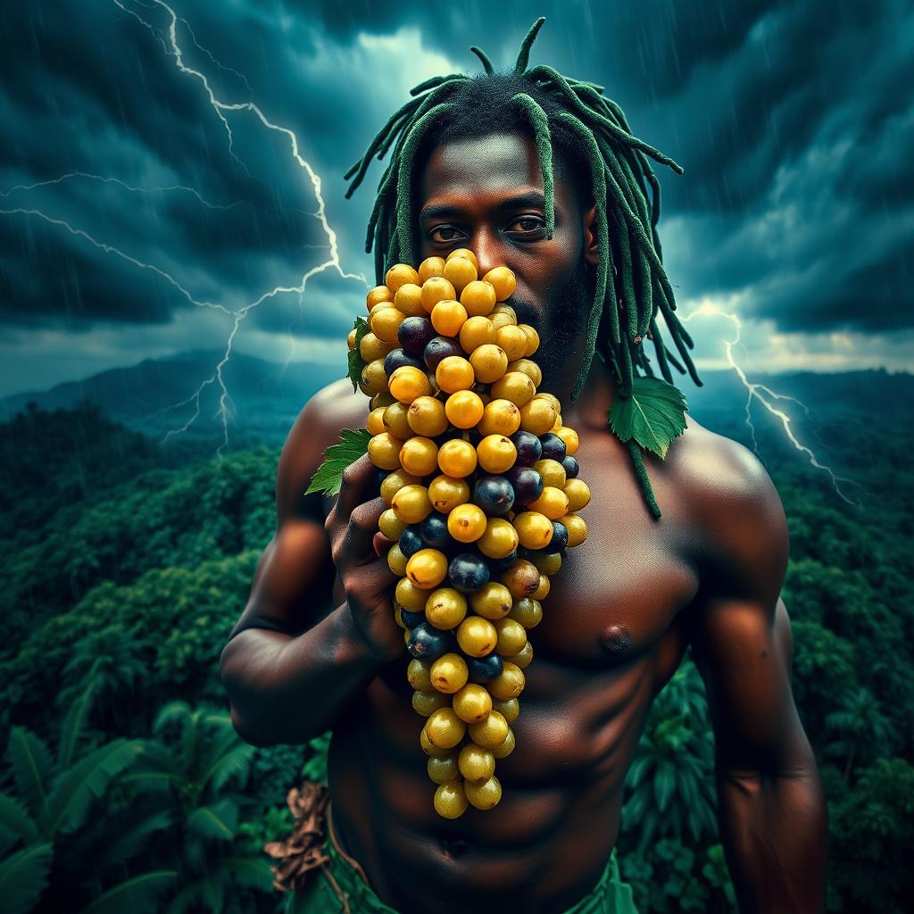 An extraordinarily sexy and immersive scene of a polished, oiled-up Greek-Jamaican god viewed from an extremely close aerial perspective