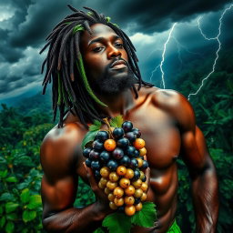 An extraordinarily sexy and immersive scene of a polished, oiled-up Greek-Jamaican god viewed from an extremely close aerial perspective