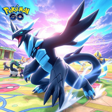 A dynamic in-game scene featuring Kyurem Black (Kyurem Negro) from Pokémon in the Master League of Pokémon Go