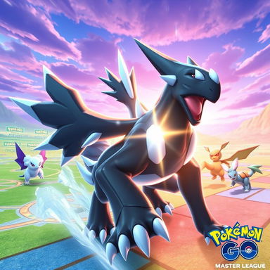 A dynamic in-game scene featuring Kyurem Black (Kyurem Negro) from Pokémon in the Master League of Pokémon Go