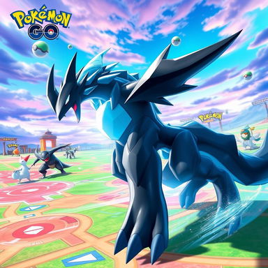 A dynamic in-game scene featuring Kyurem Black (Kyurem Negro) from Pokémon in the Master League of Pokémon Go