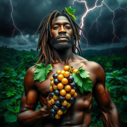 An incredibly sexy and immersive scene featuring a polished, oiled-up Greek-Jamaican god depicted from an extremely close aerial view