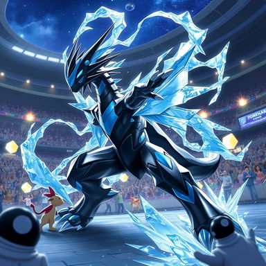 A highly realistic depiction of Kyurem (Black Kyurem form) from Pokémon Go in a Master League battle