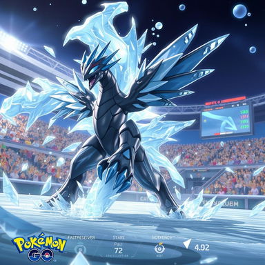 A highly realistic depiction of Kyurem (Black Kyurem form) from Pokémon Go in a Master League battle