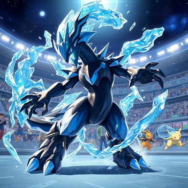 A highly realistic depiction of Kyurem (Black Kyurem form) from Pokémon Go in a Master League battle