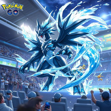 A highly realistic depiction of Kyurem (Black Kyurem form) from Pokémon Go in a Master League battle