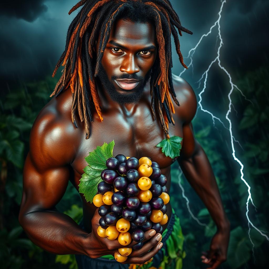 An incredibly sexy and immersive scene of a polished, oiled-up Greek-Jamaican god captured from an extremely close aerial view