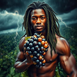 An incredibly sexy and immersive scene showcasing a polished, oiled-up Greek-Jamaican god from an extremely close aerial view