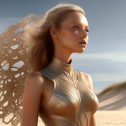 A model posing on a sandy beach wearing cutting-edge futuristic swimwear. The image is hyper-realistic, showcasing intricate details of the swimwear.