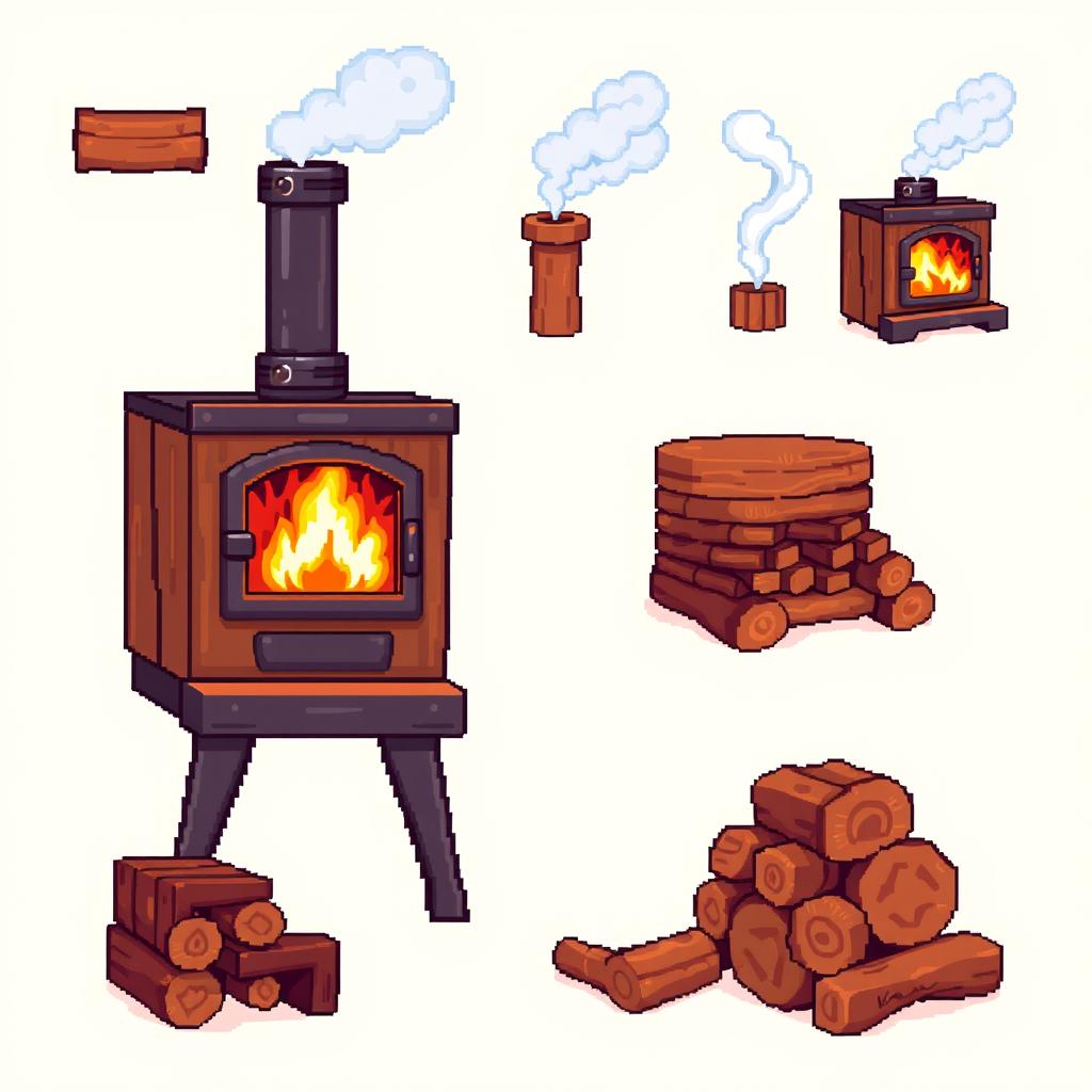 A spritesheet featuring a pixel art wood stove, designed in vibrant colors, with detailed pixelated textures to represent the wood, metal, and fire