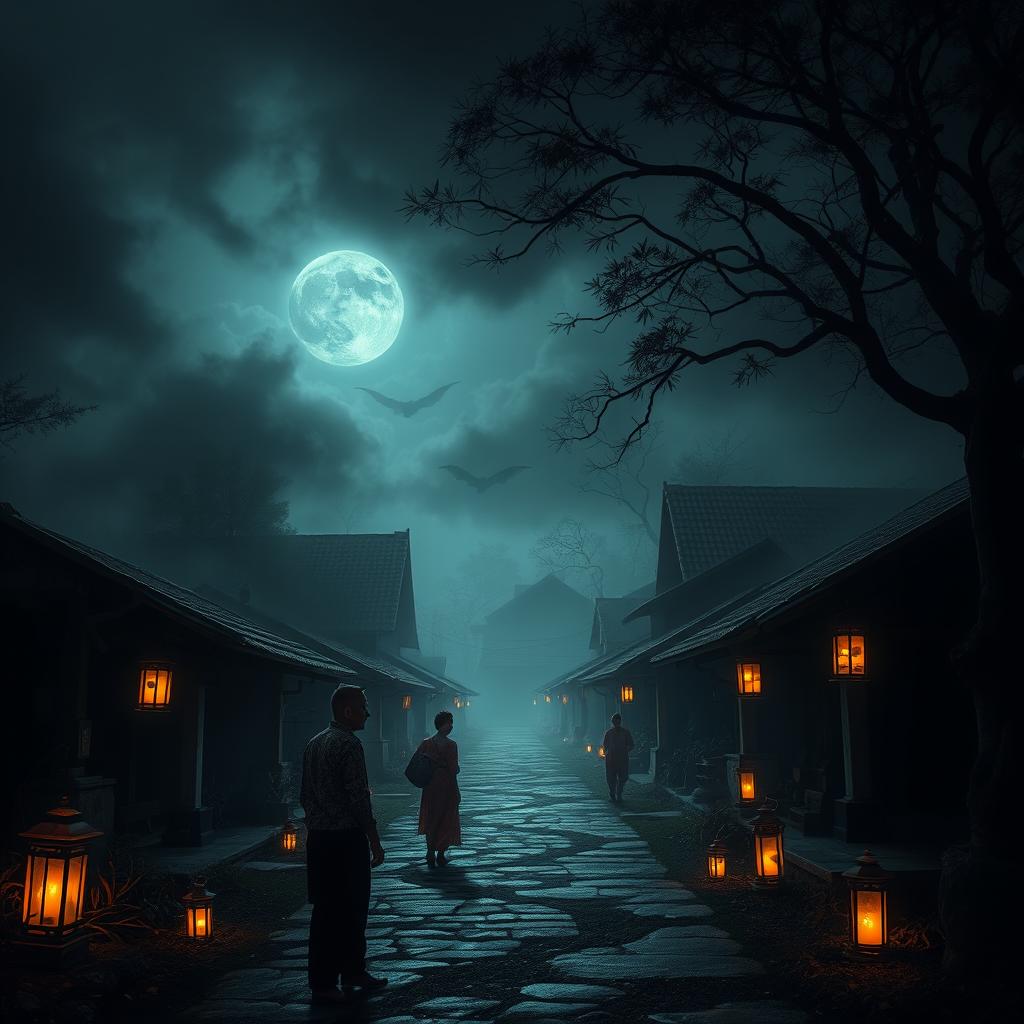 A mysterious and spooky village scene inspired by folklore, featuring an eerie atmosphere with traditional Indonesian houses, dense fog, and shadowy trees