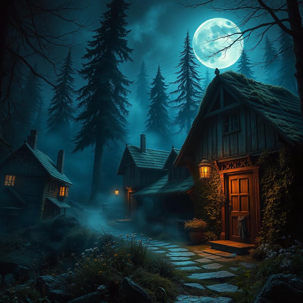 A stunning and hauntingly beautiful scene set in a mysterious village, surrounded by dense, eerie forests under a moonlit sky