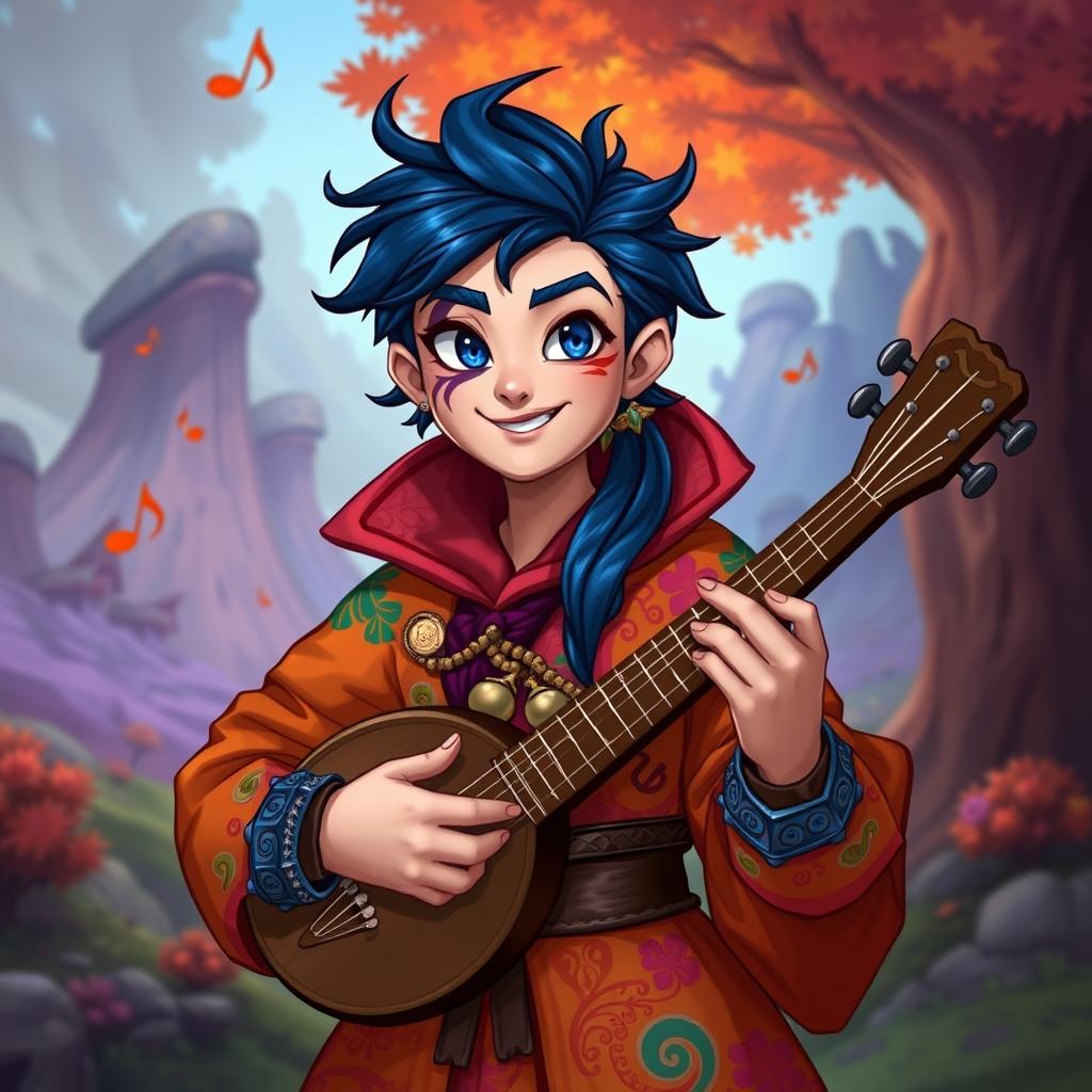 An avatar for a Roll20 character, showcasing a medium-sized bard with striking dark blue hair and a prominent scar on one eye