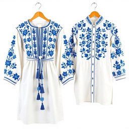 A pair of traditional Eastern European embroidered garments, featuring intricate symmetrical blue floral embroidery on crisp white fabric