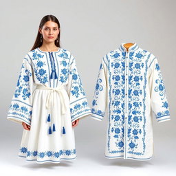 A pair of traditional Eastern European embroidered garments, featuring intricate symmetrical blue floral embroidery on crisp white fabric