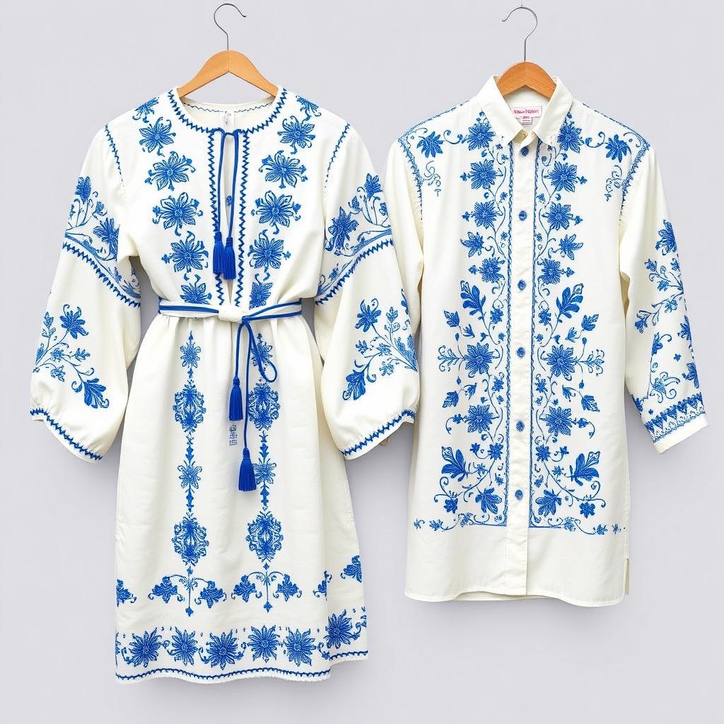 A pair of traditional Eastern European embroidered garments, featuring intricate symmetrical blue floral embroidery on crisp white fabric