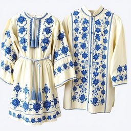 A pair of traditional Eastern European embroidered garments, featuring intricate symmetrical blue floral embroidery on crisp white fabric