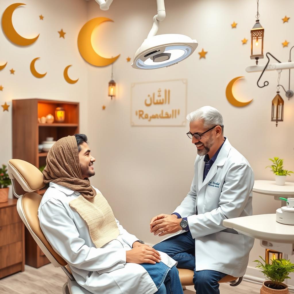 A warm and inviting dental clinic decorated with traditional Ramadan motifs such as crescent moons and stars