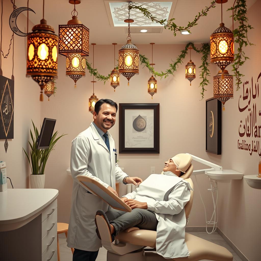 A serene and inviting dental clinic beautifully adorned with Ramadan decorations like intricate lanterns and crescent moon motifs