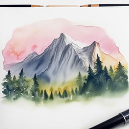 Create a watercolor painting with pen outlines featuring a majestic mountain.